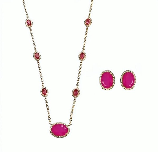 Conjunto Zircônia Oval Rosa Banhado a Ouro