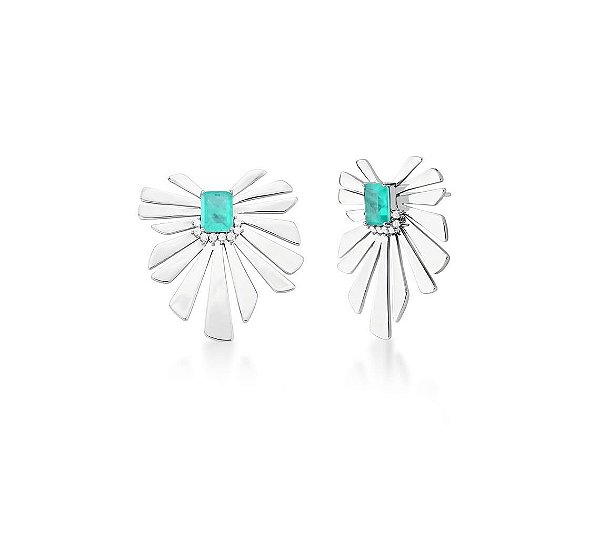 Brinco Folhas com Zircônia Retangular Turmalina Fusion Banhado a Ródio Branco