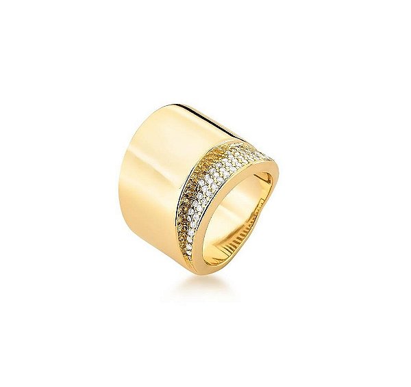 Anel Largo com Lateral Cravejada Banhado a Ouro