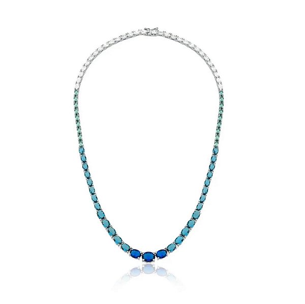 Colar Riviera com Zircônias Ovais e Azul Degradê Banhado a Ródio Branco