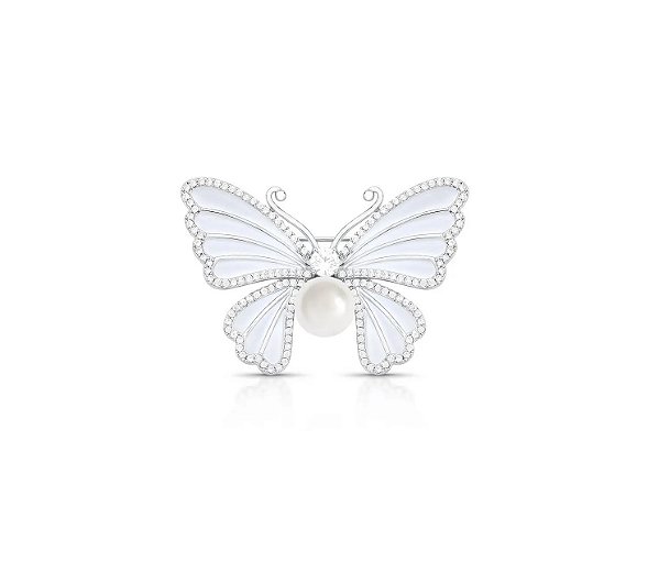 Broche de Borboleta Esmaltada e Pérola Shell Banhado a Ródio Branco