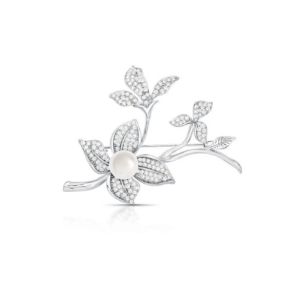 Broche Ramo de Flor Cravejado com Pérola Shell Banhado a Ródio Branco