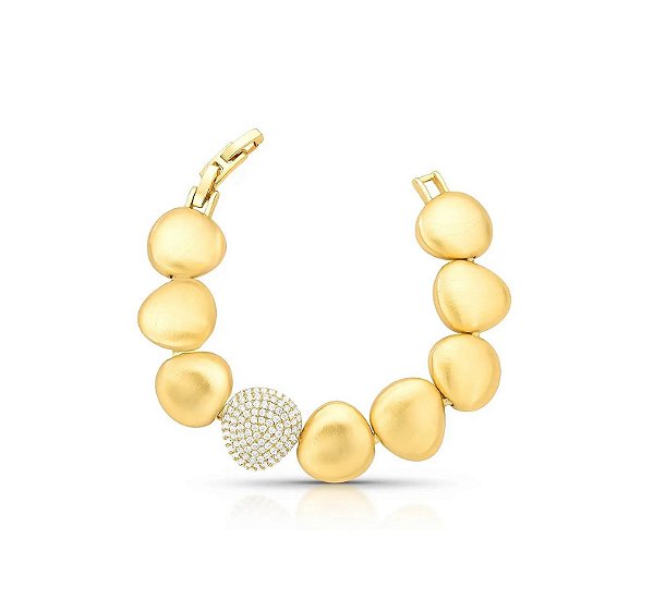 Pulseira Gomos Acetinados com Centro Cravejado Banhado a Ouro
