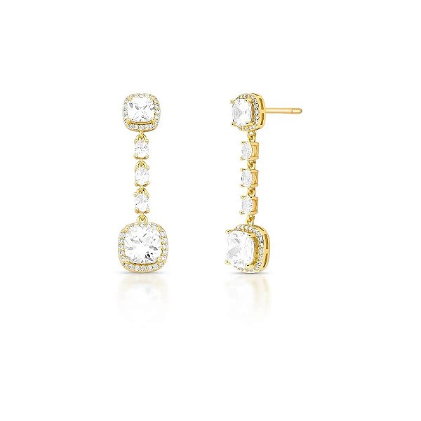 Brinco Pêndulo com Cristais Quadrados Banhado a Ouro 18k
