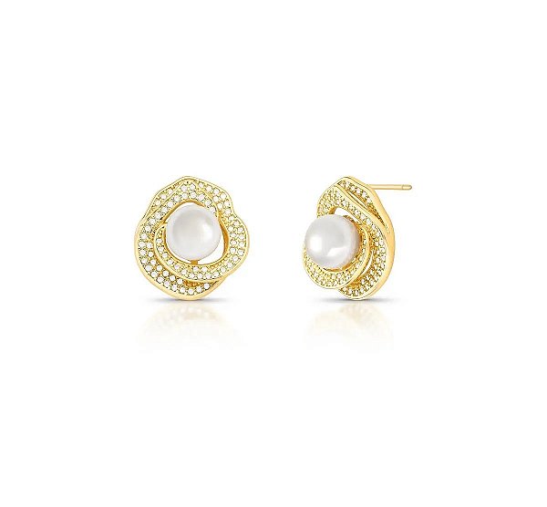Brinco Flor Cravejada com Pérola Central Banhado a Ouro 18k