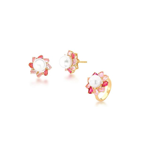 Conjunto Flor em Pérola e Pétalas Coloridas Banhado a Ouro 18k