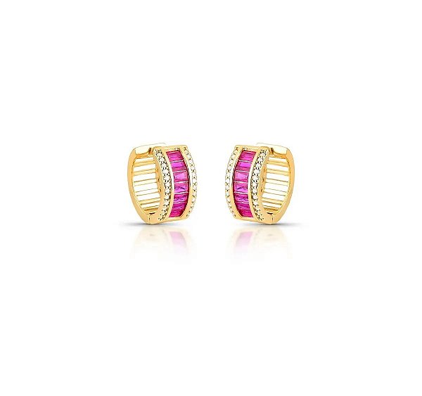 Argola Com Cravação Baguete Rosa Banhado a Ouro 18k
