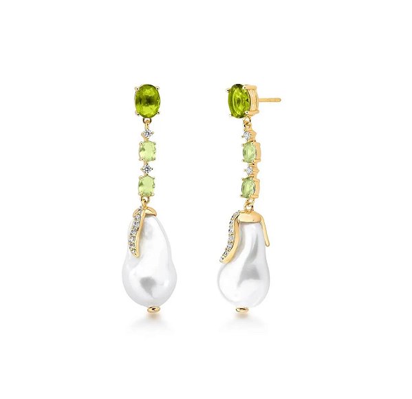 Brinco em Pêndulo Tons de Verde com Pérola Barroca Banhado a Ouro 18k