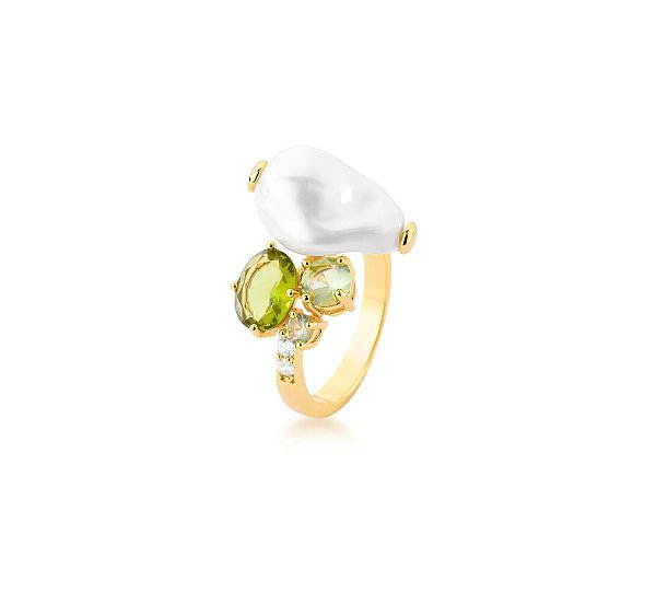 Anel Tons de Verde com Pérola Barroca Banhado a Ouro 18k