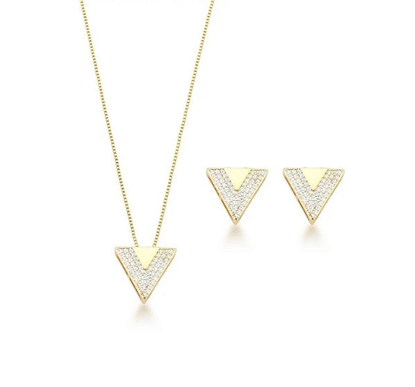 Conjunto Triângulo Cravejado M Banhado a Ouro 18k