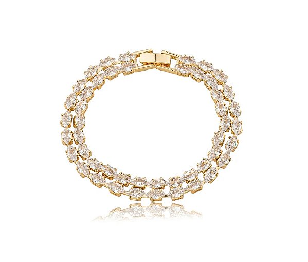 Pulseira Riviera Fileira Dupla Cristal Banhado a Ouro 18k