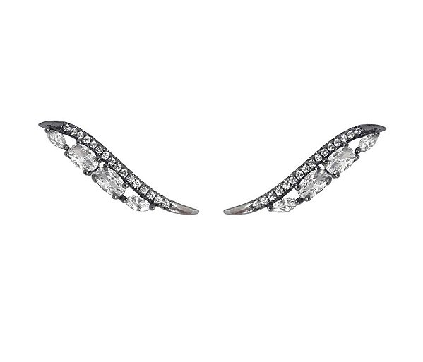 Brinco Ear Cuff Asa Zircônia Oval Cristal Banhado a Ródio Negro