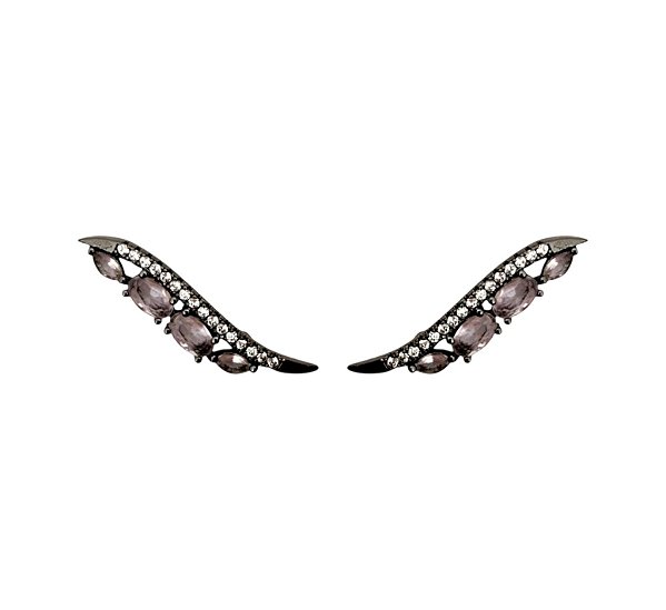 Brinco Ear Cuff Asa Zircônia Oval Kunzita Banhado a Ródio Negro