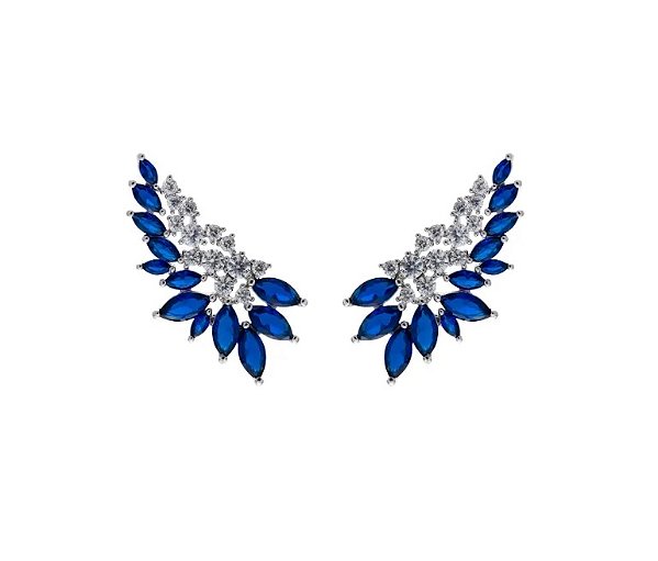Brinco Ear Cuff Cravação Navete Safira Banhado a Ródio Branco