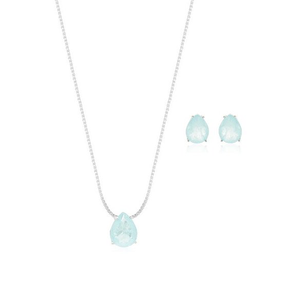 Conjunto Gota Água Marinha Fusion Banhado a Ródio Branco