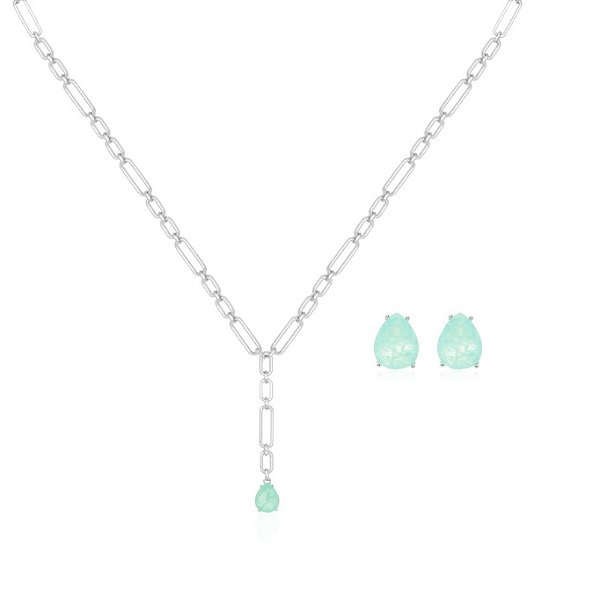 Conjunto Gravata com Gota Esmeralda Colombiana Fusion Banhado a Ródio Branco