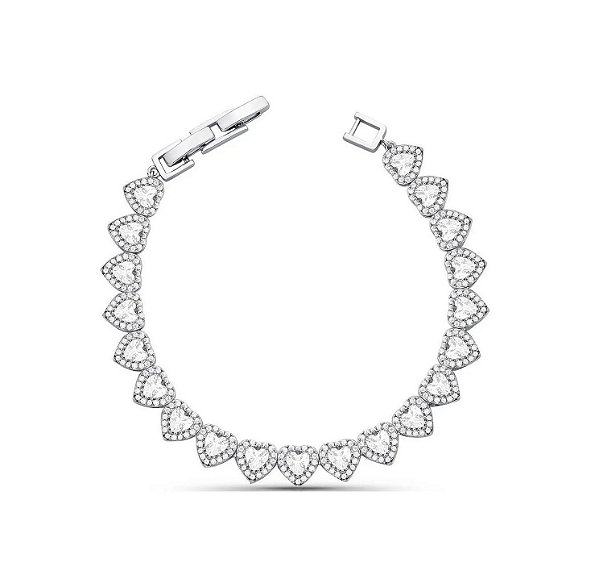 Pulseira Riviera em Corações Cravejados Banhado a Ródio Branco