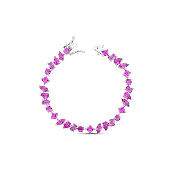 Pulseira Riviera Formas Geométricas Safira Rosa Banhada a Ródio Branco