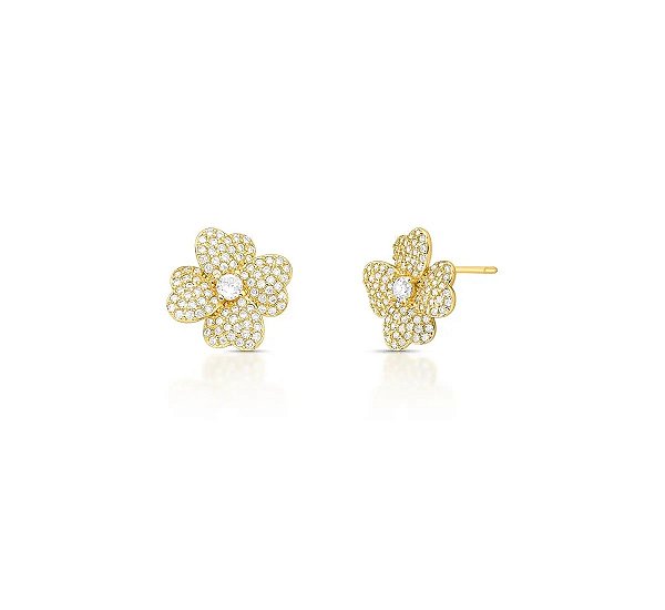 Brinco Flor Cravejada com Ponto Central Banhado a Ouro