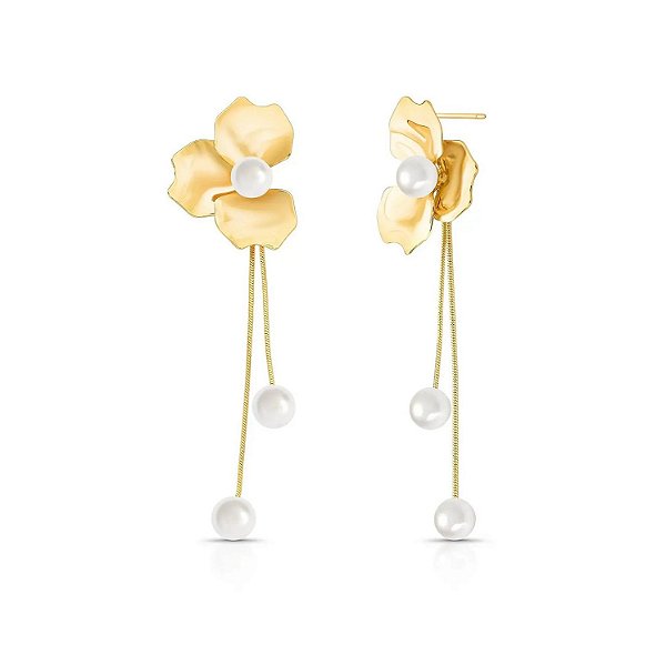 Brinco em Pêndulo Flor com Pérolas Banhado a Ouro