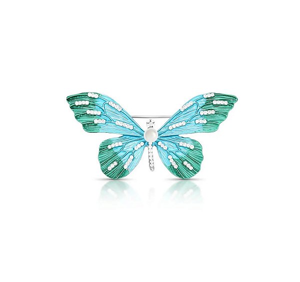 Broche de Borboleta Colorida com Pérola Banhado a Ródio Branco