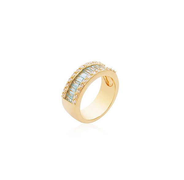 Anel com Cravação Baguete Aquamarine Banhado a Ouro