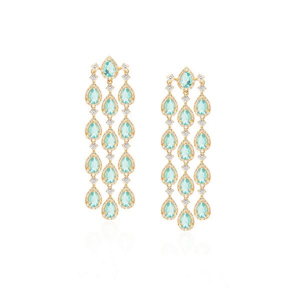 Brinco Maxi em Cascata e Gotas Turmalina Azul Banhado a Ouro