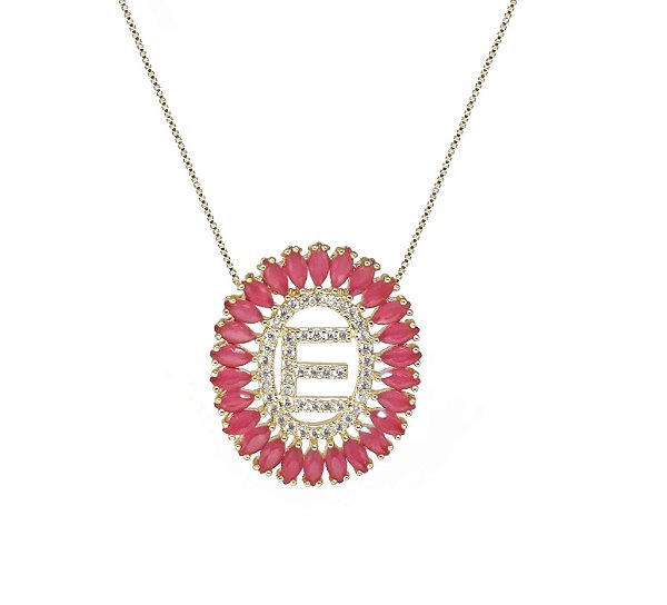 COLAR INICIAL LETRA 'E' EM TURMALINA ROSA BANHADO A OURO