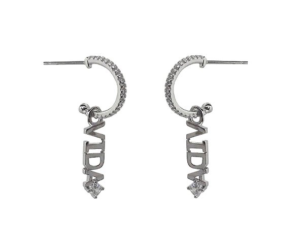 MEIA ARGOLA COM PINGENTE VIDA BANHADA A RÓDIO BRANCO