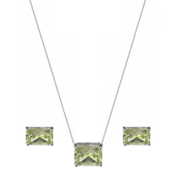 CONJUNTO ZIRCÔNIA AMARELA RETANGULAR BANHADO A RÓDIO BRANCO