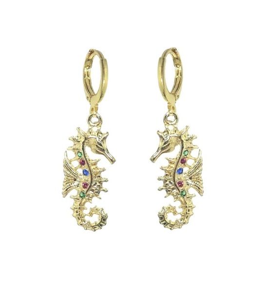 Argola Cavalo Marinho Com Cravação Colorida Banhada a Ouro