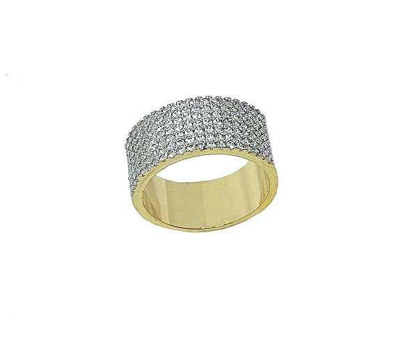 ANEL LARGO COM CRAVAÇÃO EM MICROZIRCÔNIAS BANHADO A OURO