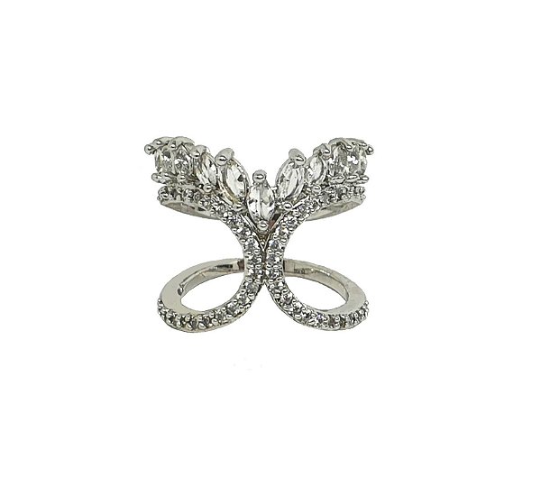 ANEL ZIRCÔNIA NAVETE CRISTAL BANHADO A RÓDIO BRANCO