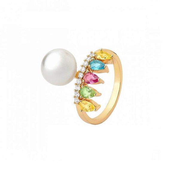 ANEL COM NAVETES COLORIDOS E UMA PÉROLA DE ÁGUA DOCE