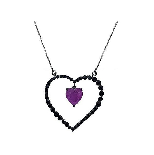 COLAR CORAÇÃO VAZADO COM PINGENTE FUCSIA FUSION BANHADO A RÓDIO NEGRO