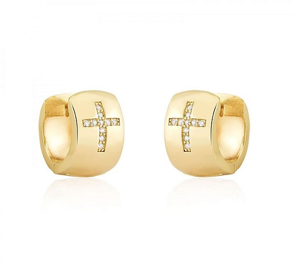 ARGOLA MÉDIA COM CRUZ CRAVEJADA BANHADA A OURO