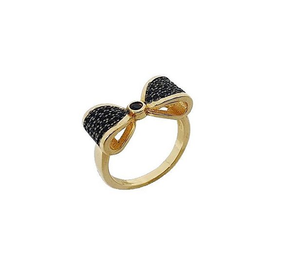 ANEL LAÇO COM CRAVAÇÃO DE MICROZIRCÔNIAS NEGRAS BANHADO A OURO