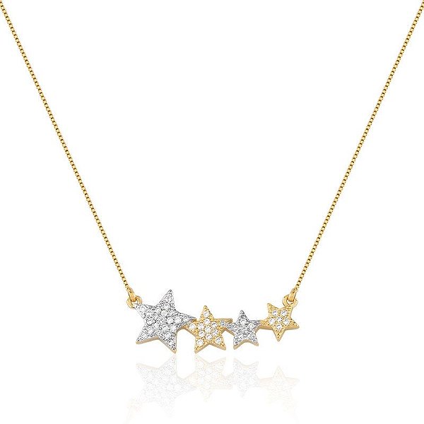 COLAR QUATRO ESTRELAS CRAVEJADAS  BANHADO A OURO