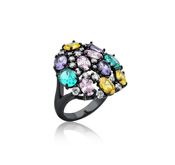 ANEL REDONDO COM ZIRCÔNIAS COLORIDAS BANHADA A RÓDIO NEGRO