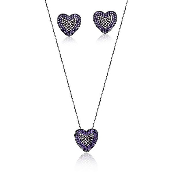 CONJUNTO CORAÇÃO MICROCRAVEJADO BANHADO A RÓDIO NEGRO