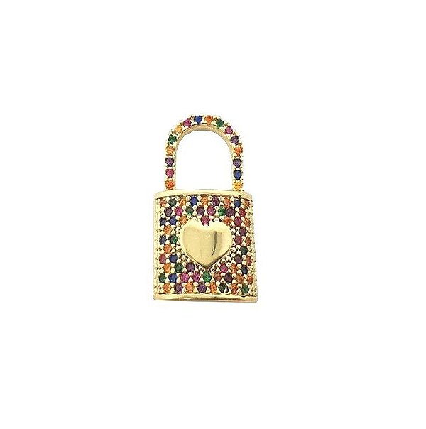 PINGENTE AVULSO CADEADO CRAVEJADO COLORIDO BANHADO A OURO