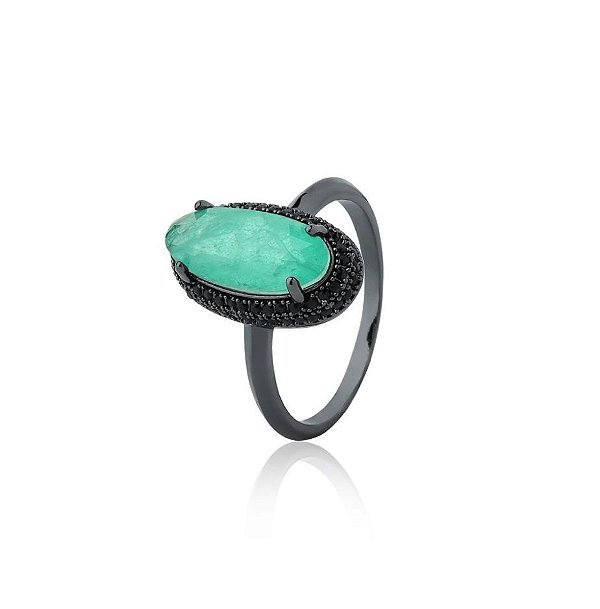 ANEL PEDRA OVAL GREENERY FUSION BANHADO A RÓDIO NEGRO
