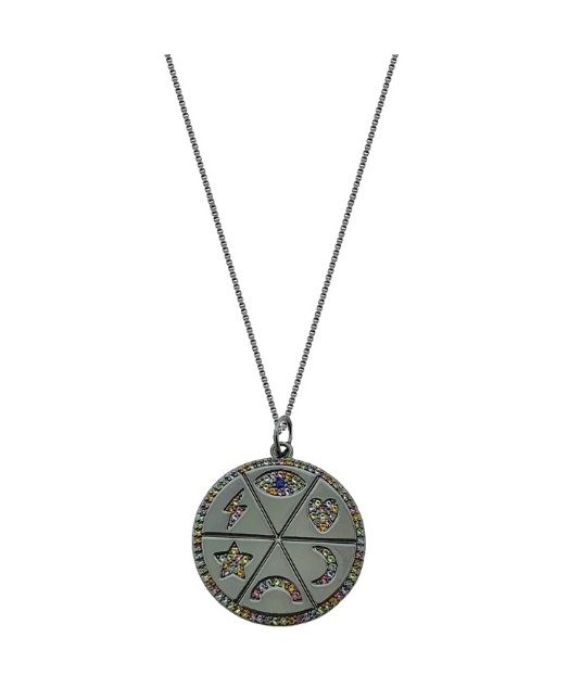 COLAR MANDALA COM SÍMBOLOS CRAVEJADOS BANHADO A RÓDIO NEGRO
