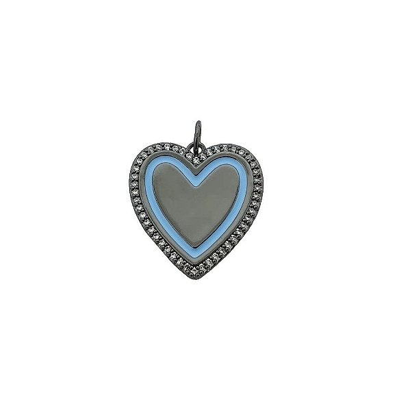 PINGENTE AVULSO CORAÇÃO COM ESMALTAÇÃO AZUL LATERAL BANHADO A RÓDIO NEGRO