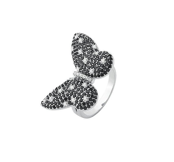 ANEL BORBOLETA COM CRAVAÇÃO NEGRA E CRISTAL BANHADA A RÓDIO