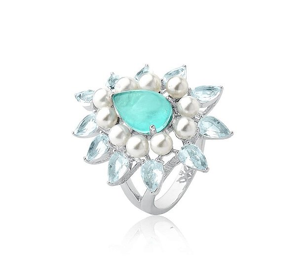 ANEL COM CABOCHÃO EM GOTA ÁGUA MARINHA BANHADO A RÓDIO