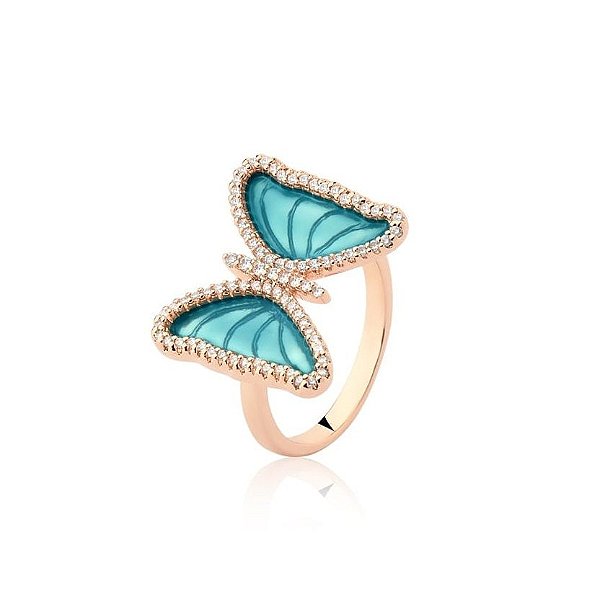 ANEL BORBOLETA ESMALTADO AZUL BANHADO A OURO CHAMPAGNE