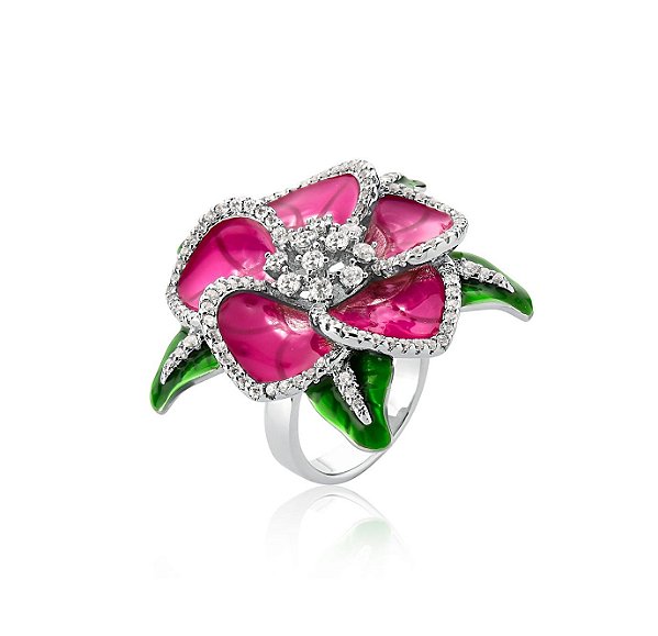 ANEL FLOR ESMALTADA COM CRAVAÇÃO BANHADA A RÓDIO