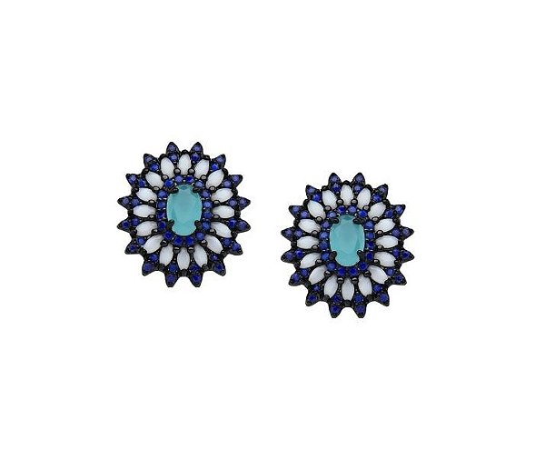 BRINCO OVAL COM PEDRA CENTRAL TURQUESA BANHADO A RÓDIO NEGRO