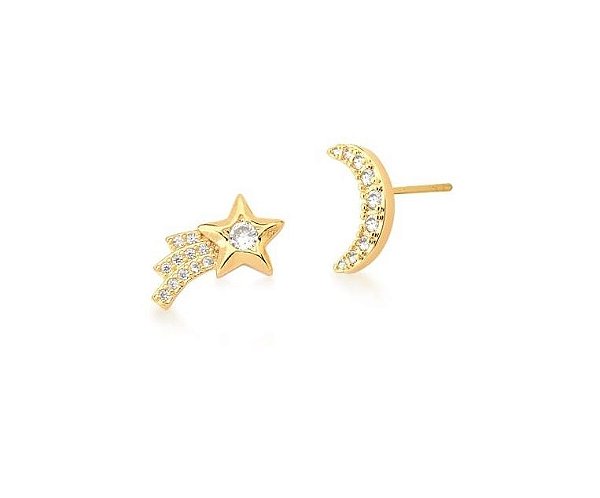 BRINCO ESTRELA E LUA CRAVEJADO BANHADO A OURO